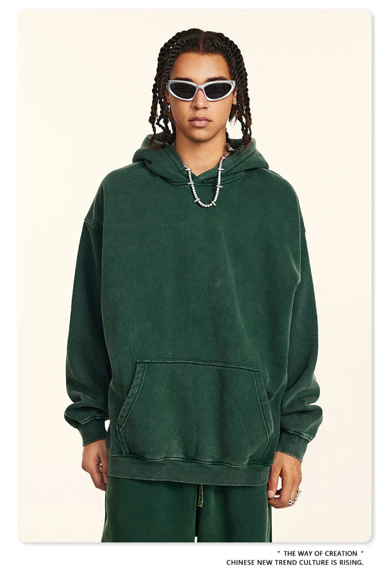 ZODF Retro Men’s Winter Washed Fleece Hoodie 360gsm Warm Knitted Loose Hooded Pullover Streetwear HY0887