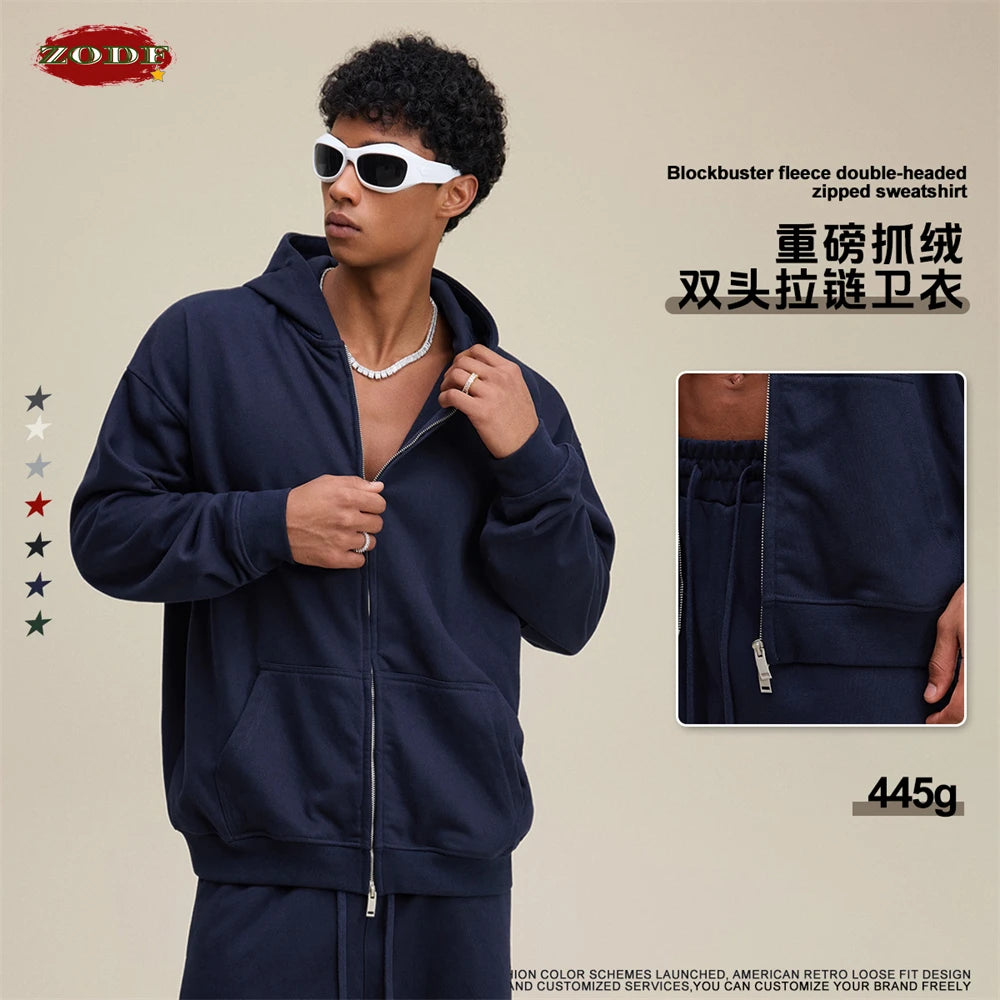 ZODF Trendy 2025 Heavy Weight 445gsm Zipper Hoodies For Man Unisex Casual Zip-up Hooded SweatShirts Coats HY1102
