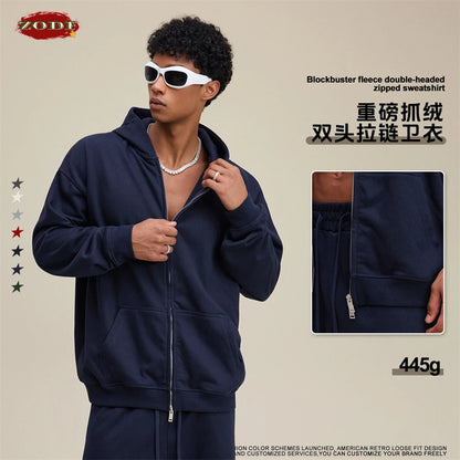 ZODF Trendy 2025 Heavy Weight 445gsm Zipper Hoodies For Man Unisex Casual Zip-up Hooded SweatShirts Coats HY1102