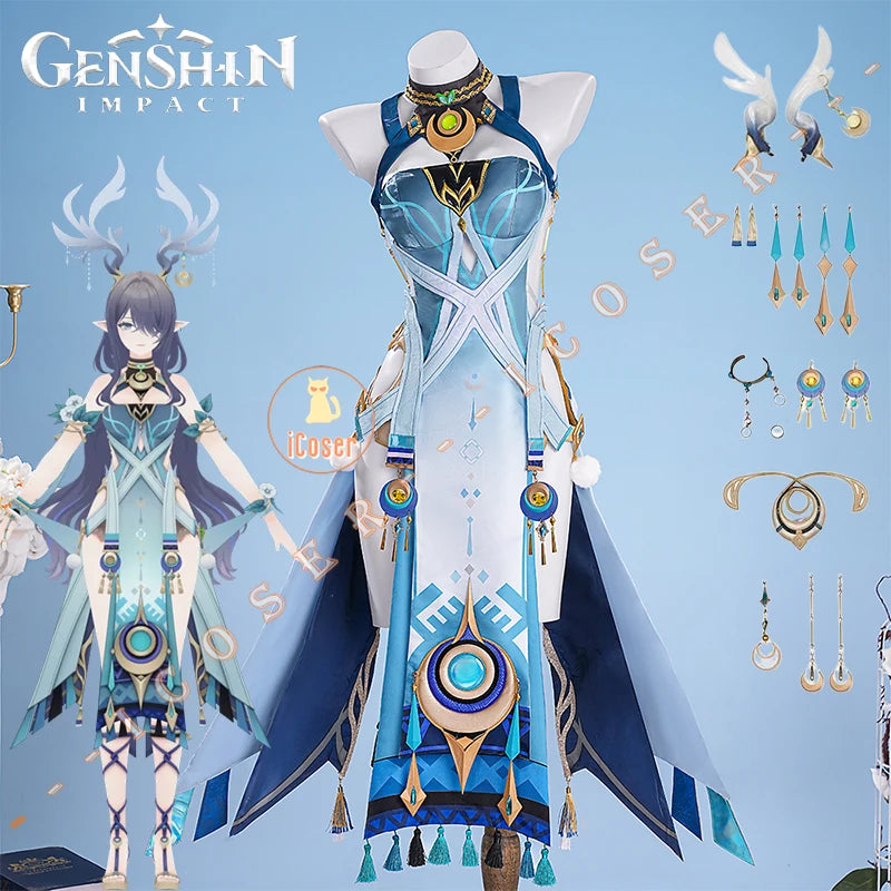 Genshin Impact Lauma Cosplay Costume Wig Dress Uniform Headwear Earrings Frostmoon Scions Halloween Party for Women Girls iCoser