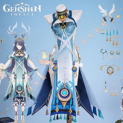 Genshin Impact Lauma Cosplay Costume Wig Dress Uniform Headwear Earrings Frostmoon Scions Halloween Party for Women Girls iCoser