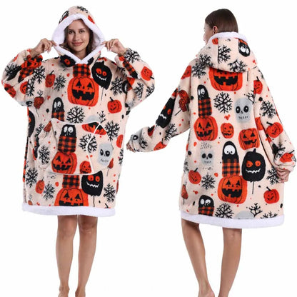 Short/Long Hoodie Blanket for Adults Winter Soft Thicken Warm Wearable Blanket Hoodie with Sleeves Halloween Pajamas for Couples