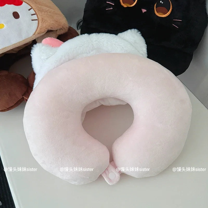 Kawaii Hello Kitty Neck Support Pillow with Hat Soft Plush Travel U-Shaped Pillow Nap Sleeping Cartoon Comfortable Journeys Girl
