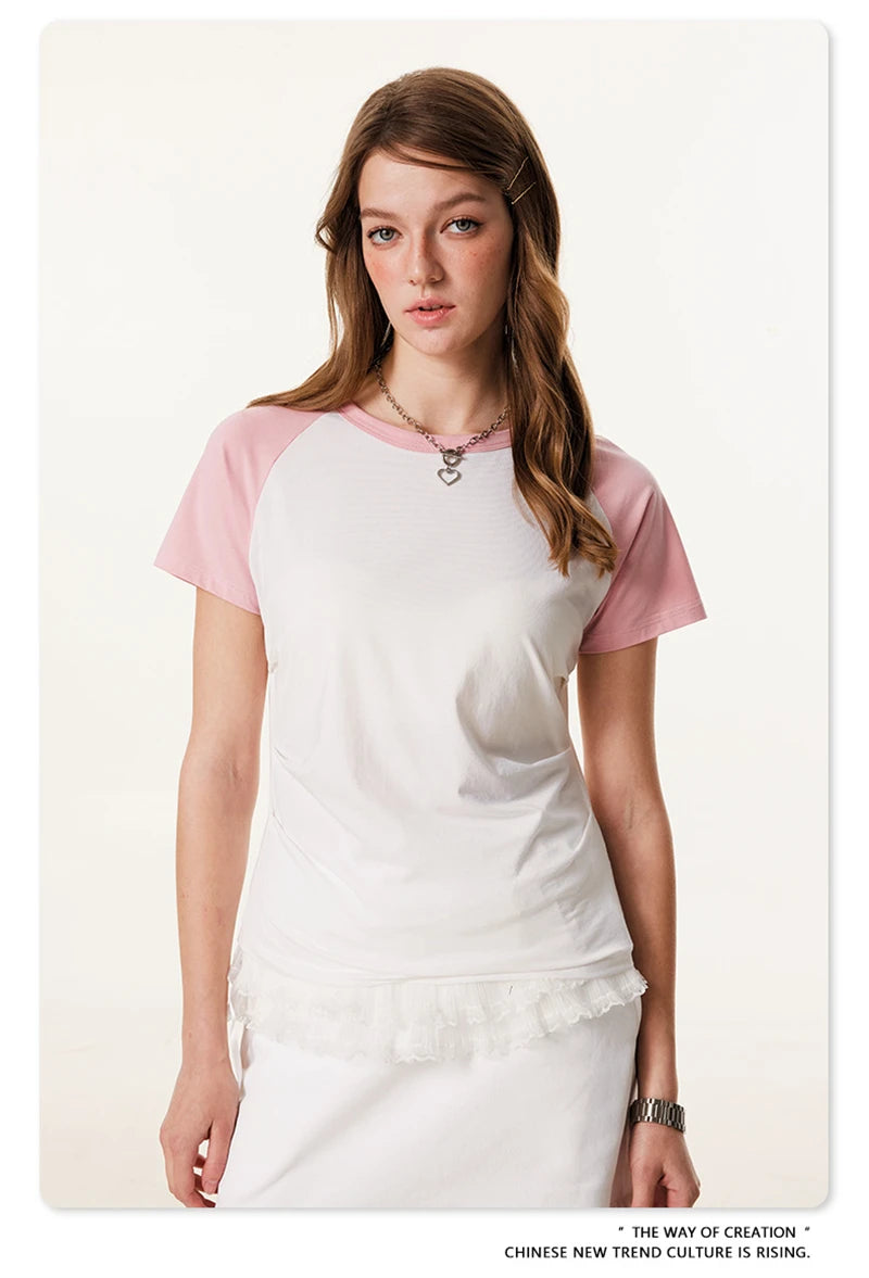 ZODF Hotsweet Summer Women Raglan Sleeve T-Shirts Girls Slim Fit 150gsm Casual Patchwork O Neck T Shirt Brand Tees HY1021