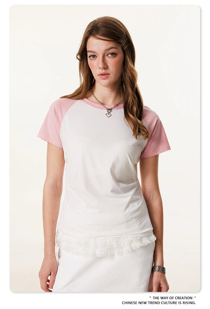 ZODF Hotsweet Summer Women Raglan Sleeve T-Shirts Girls Slim Fit 150gsm Casual Patchwork O Neck T Shirt Brand Tees HY1021