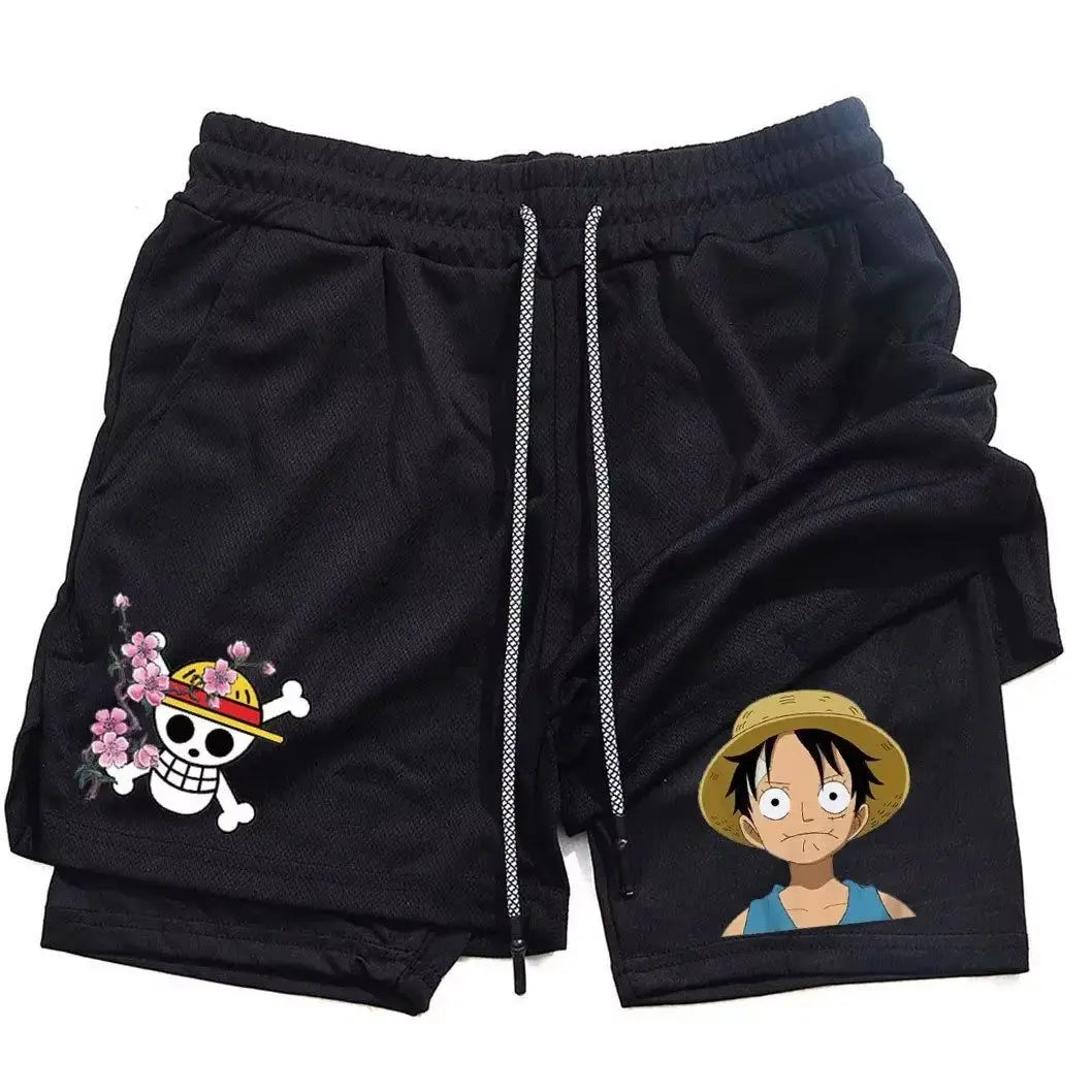 One Piece Luffy Anime Men Gym Shorts Summer Cartoon Print Quick Dry Streetwear Fashion Double-layer Sports Pants Men's Clothing