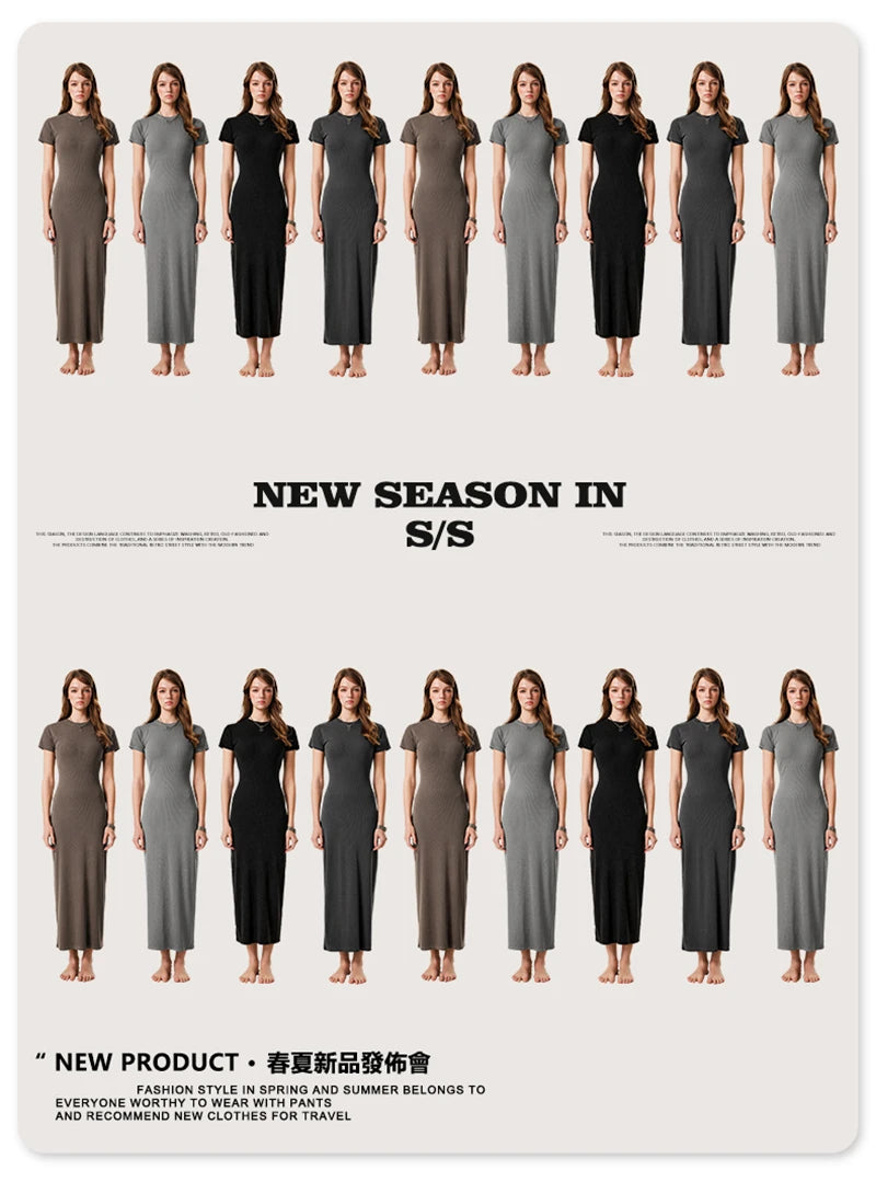 ZODF Sexy 2025 Spring Women 275gsm Long Dress Female Girls O Neck Washed Distressed Slim Slit Fit Dresses HY1008