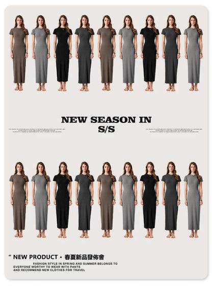 ZODF Sexy 2025 Spring Women 275gsm Long Dress Female Girls O Neck Washed Distressed Slim Slit Fit Dresses HY1008