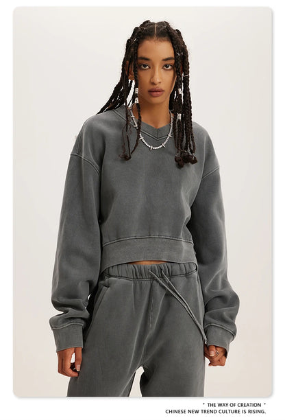 ZODF Winter Women Short Fleece Cropped Sweatshirts Girls Female Hip Hop Loose 400gsm V-Neck Pullovers Brand Tops HY0437