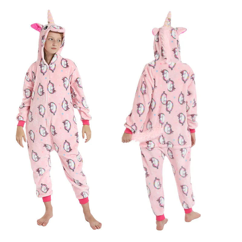 Kigurumi Kids Unicorn Fox Pajamas Winter Soft Warm Toddler Boy Jumpsuit Teen Girl Pijamas Zipper Hooded Animal Cosplay Costumes