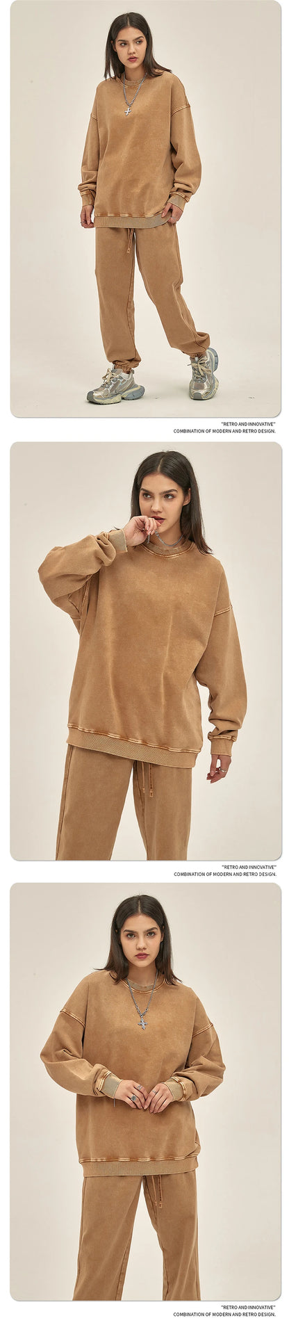 ZODF Retro Autumn Men Batik Washed Cotton Sweatshirts Unisex Loose 420gsm Terry O Neck Pullovers Streetwears HY0665