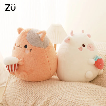 ZU New Arrival Kawaii Stuffed Animal Strawberry Cow Popcorn Cat Plushies Doll Huggable Fat Big Hug Pillow Sofa Bed Decor Cushion