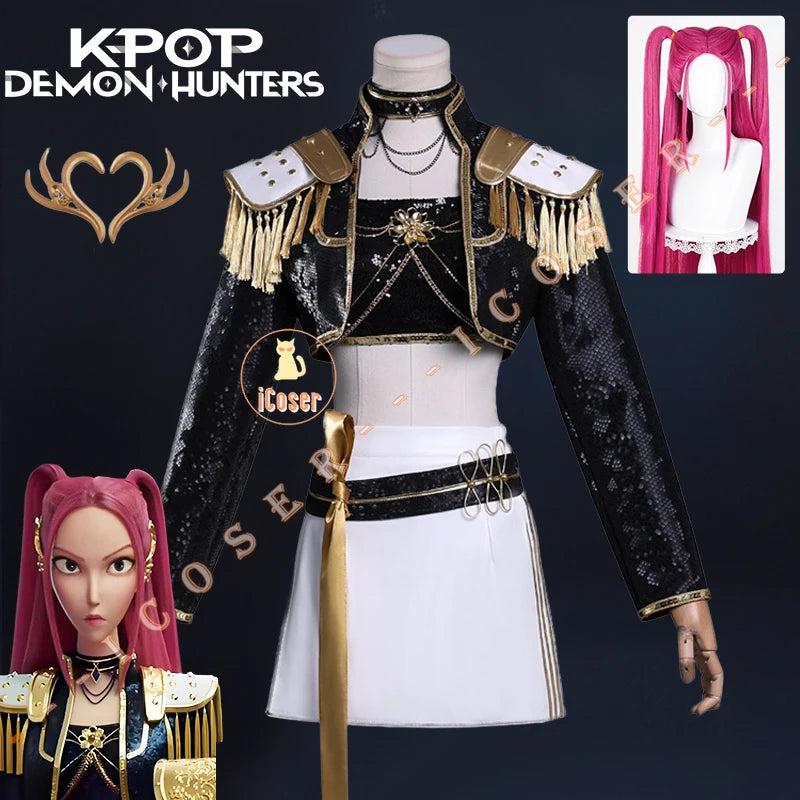 KPop Demon Hunters Mira Cosplay Costume Black Gold Skirt Huntrix Golden Uniform Headwear Halloween Party for Women Girls Props