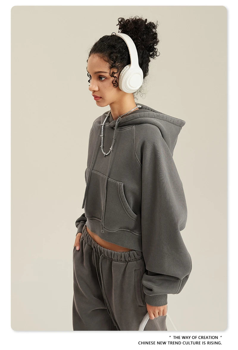 ZODF Women Hotsweet 2025 Winter Washed Fleece Crop Hoodies Girls Oversized Raglan Sleeve 400gsm Hooded Pullovers HY0648