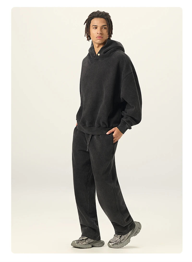 ZODF Vintage 350gsm Man Washed Boxy Fleece Hoodie Unisex Loose Ripped Warm Button Winter Hooded Pullovers Brand Clothing HY0053