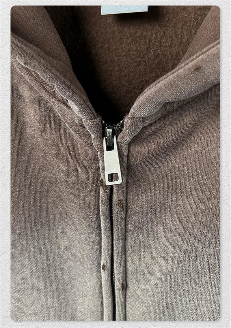 ZODF Retro Winter Men 400gsm Monkey Washed Zipper Hoodie Unisex High Street Loose Edge Ripped Distressed Hooded Pullovers HY1117