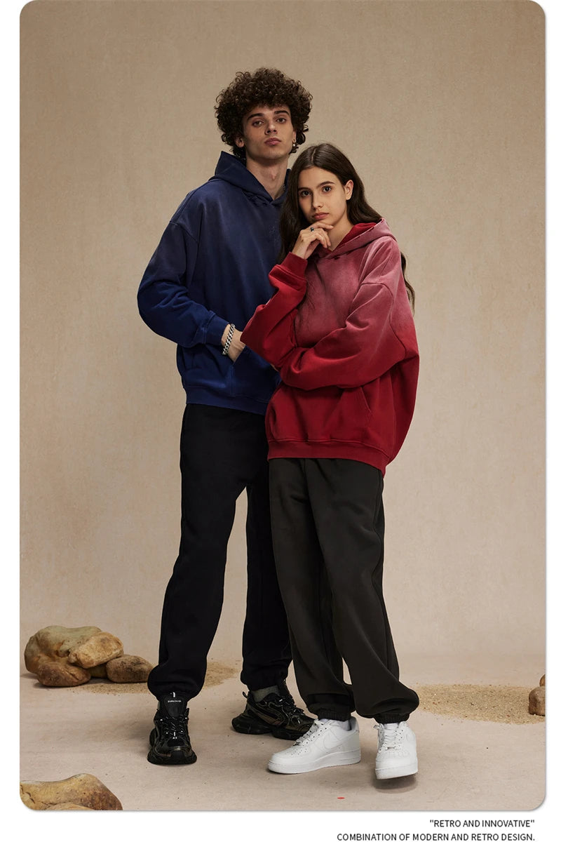 ZODF Retro Men's Heavyweight Gradient Washed Hoodies Unisex Loose Distressed Holes 450gsm Knitted Hooded Pullovers HY0891