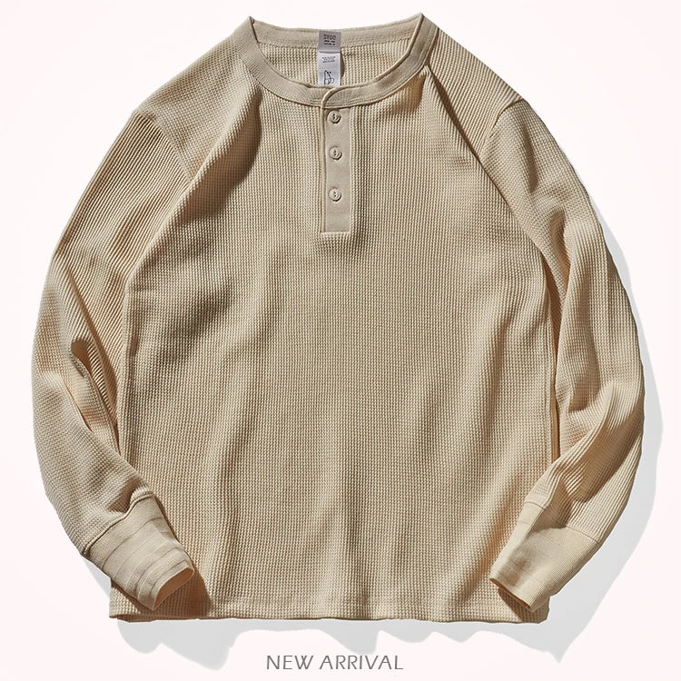 Autumn And Winter New American Heavyweight Retro Men's Waffle Long-sleeved T-shirt Loose Fashion Henley Collar Bottoming-shirt