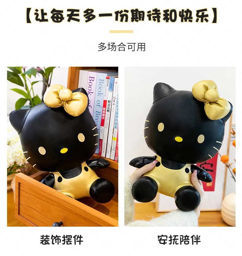 Cute Hello Kitty Plush Toy Black Gold Leather Cute Stuffed Animal Doll Kids Birthday Xmas Gift for Girls Plushie Pillow Present