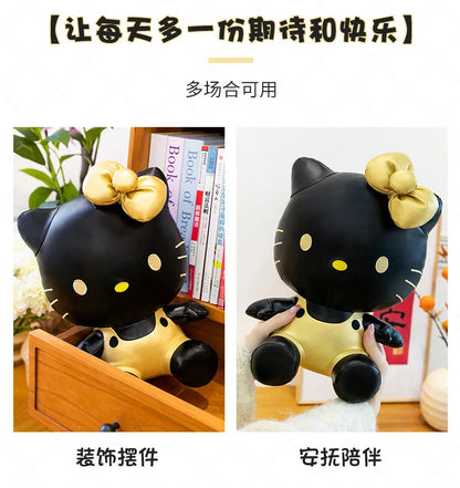 Cute Hello Kitty Plush Toy Black Gold Leather Cute Stuffed Animal Doll Kids Birthday Xmas Gift for Girls Plushie Pillow Present