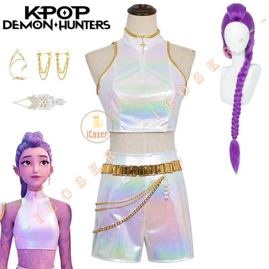 KPop Demon Hunters Rumi Cosplay Costume White Stage Uniform Huntrix Golden Performance Outfit Earrings Halloween for Women Girls