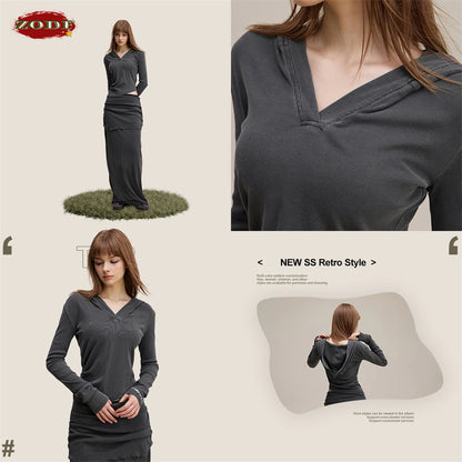 ZODF Sexy Women Autumn Washed 275gsm Hooded T Shirt Ladies Girls Slim Fit Distressed Side Pleated T-Shirts Tees HY1149