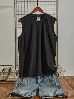 Summer New American Retro Sleeveless O-neck Soild Color T-shirt Men's Fashion 100% Cotton Washed Old Casual Sports Vest Tops