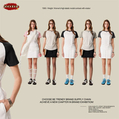 ZODF Hotsweet Summer Women Raglan Sleeve T-Shirts Girls Slim Fit 150gsm Casual Patchwork O Neck T Shirt Brand Tees HY1021