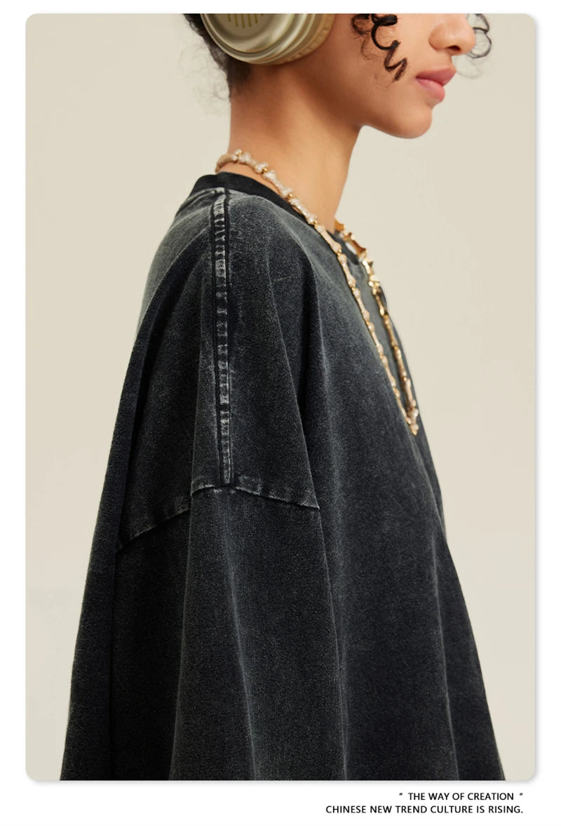 ZODF Retro 2025 Men Autumn Batik Washed T Shirt Unisex Oversized Basic Long Sleeve Solid 270gsm Cotton T-Shirts Tees HY0641