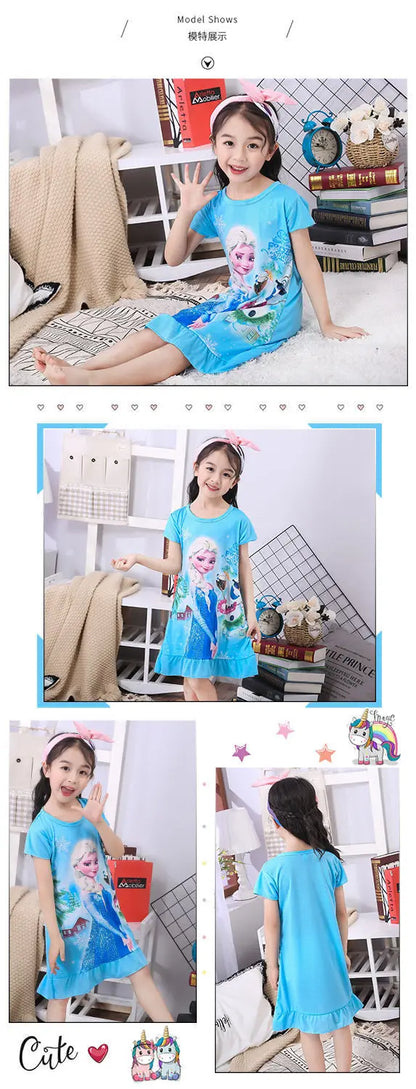 Girls Night Dress Summer Cartoon Snow White Frozen Princess Elsa Mermaid Print Toddler Girl Nightgown for Teens