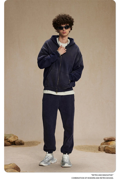 ZODF Retro Winter Men Spray-Dyed Zipper Hoodies Unisex Loose 360gsm Zipper Fleece Hooded Sweatshirt Pullovers Coats HY0719