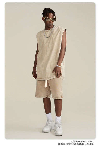 ZODF 2024 Summer Men 350gsm Washed Cotton Shorts Unisex Retro High Street Loose Side Slit Short Pants Streetwears HY0839