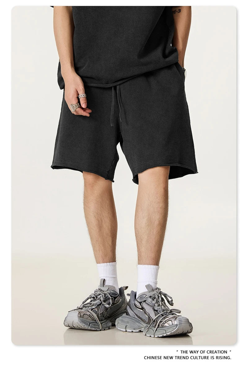 ZODF Retro Summer Washed 370gsm Cotton Shorts For Men Unisex High Street Loose Edge Distressed Solid Shorts Brand Clothes HY1023