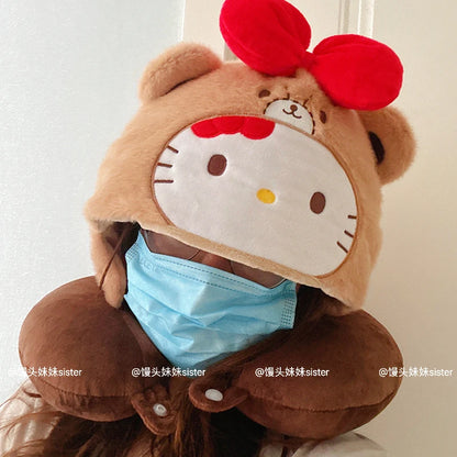 Kawaii Hello Kitty Neck Support Pillow with Hat Soft Plush Travel U-Shaped Pillow Nap Sleeping Cartoon Comfortable Journeys Girl