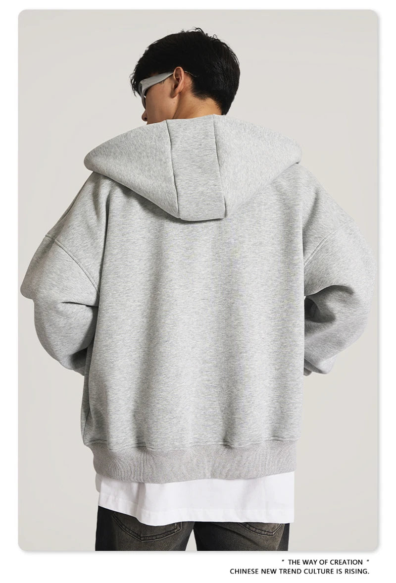 ZODF New Winter Men Zipper Fleece Hoodies Unisex Loose Heavy Weight Thick Warm Basic 420gsm Hooded Coats Hoodie HY0747