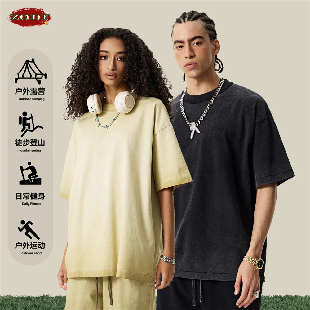 ZODF 2025 Summer Washed 275gsm Solid Cotton T-shirt For Men Unisex Oversized Short Sleeve T Shits Brand Tops HY0981