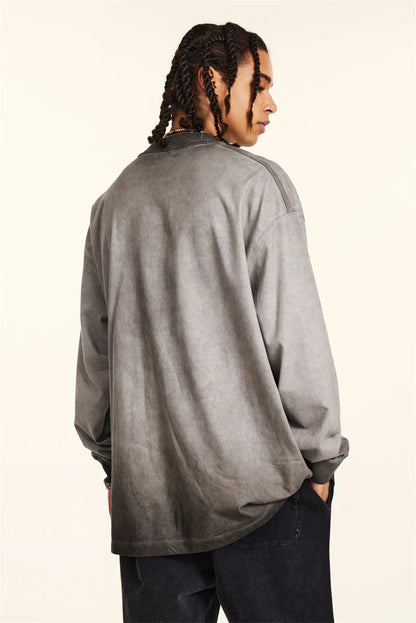 ZODF 2024 Autumn Men's Washed Cotton T-Shirt Unisex Oversized Distressed 250gsm Long Sleeve O Neck T Shirts Tees HY0921