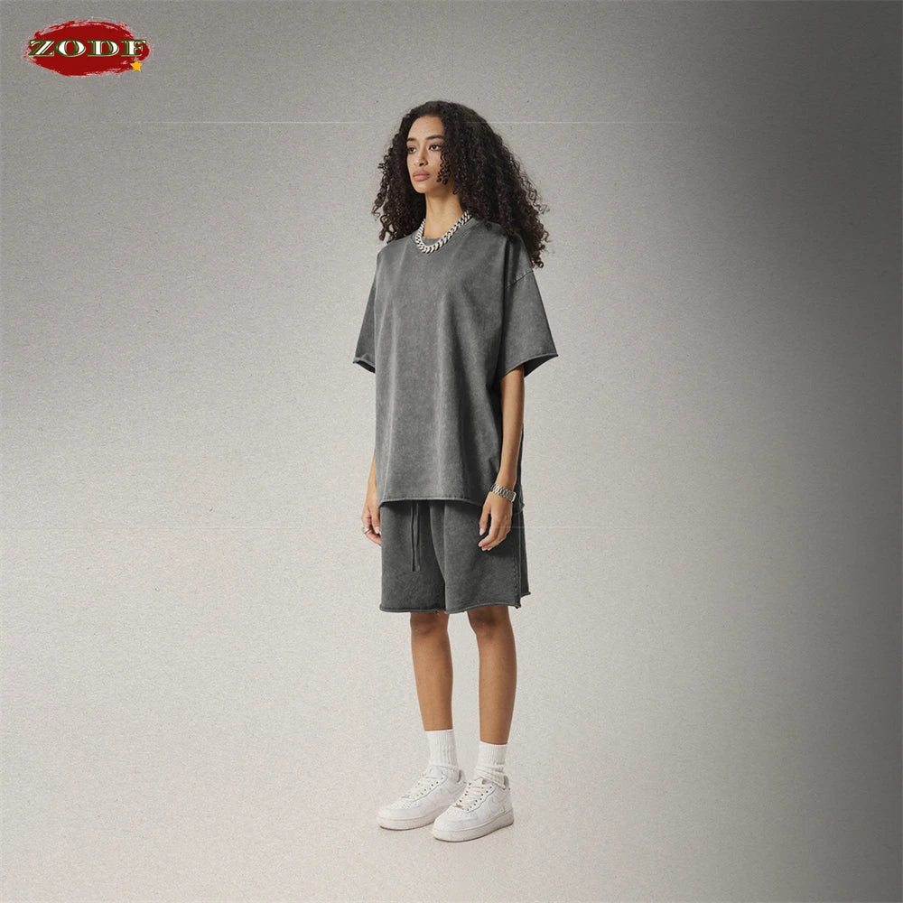 ZODF New 2025 Men Summer Loose Edge Washed Cotton Shorts Unisex Retro High Street Distressed 330gsm Shorts Brand Clothes HY1056