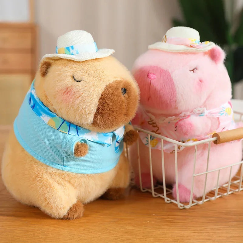 Pink Capybara Plush Toy Stuffed Seaside Beach Dress Blue Shirt Swim Ring Bee Decor Capibara Plushie Boy Hawaii Vacation Style