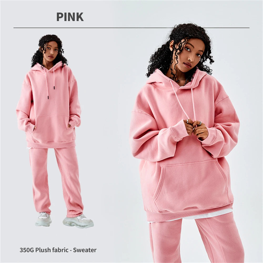 ZODF Casual Winter Men 350gsm Fleece Hoodie Unisex Loose Warm Solid Hooded Sweatshirt Pullover 18 Colors HY0728 - Pink