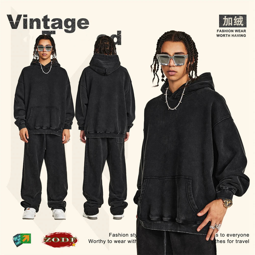 ZODF Retro Men’s Winter Washed Fleece Hoodie 360gsm Warm Knitted Loose Hooded Pullover Streetwear HY0887