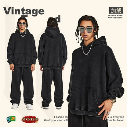 ZODF Retro Men’s Winter Washed Fleece Hoodie 360gsm Warm Knitted Loose Hooded Pullover Streetwear HY0887