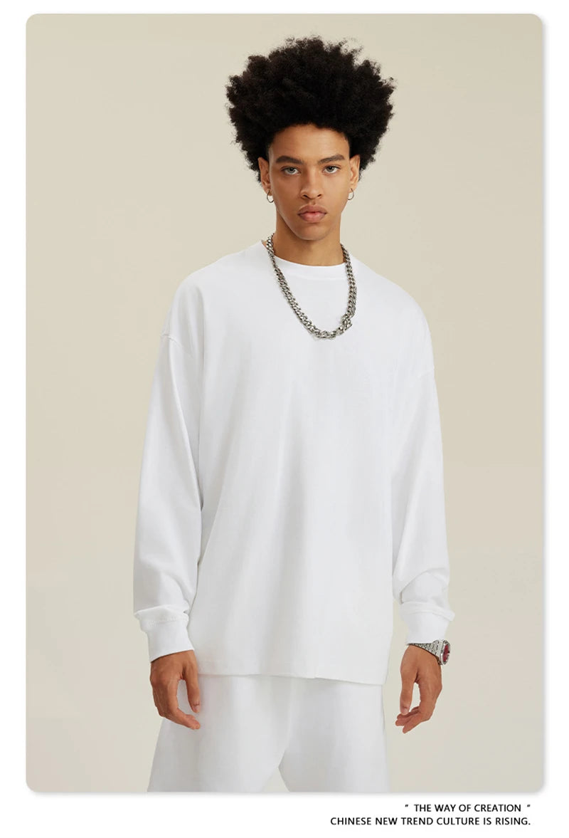 ZODF NEW Autumn Men's Solid Full Sleeve T Shirts Unisex Loose Oversized Casual 305GSM Cotton Basic T-Shirt Brand TEE HY0209