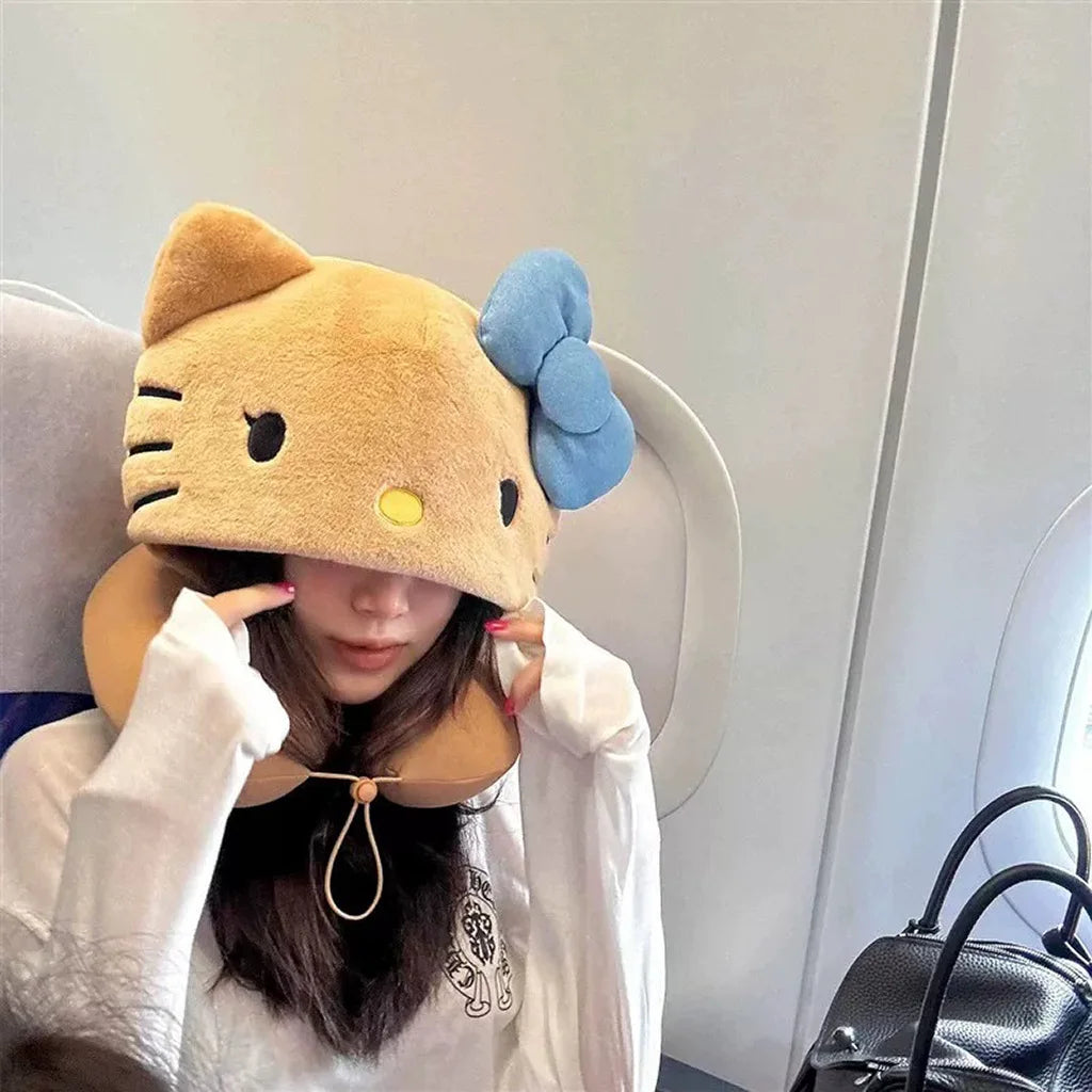 Sanrio Hello Kitty Hooded Neck Pillow Travel Pillow For Airplane Train Car Soft Plush Sleeping Support With Adjustable Hood Gift