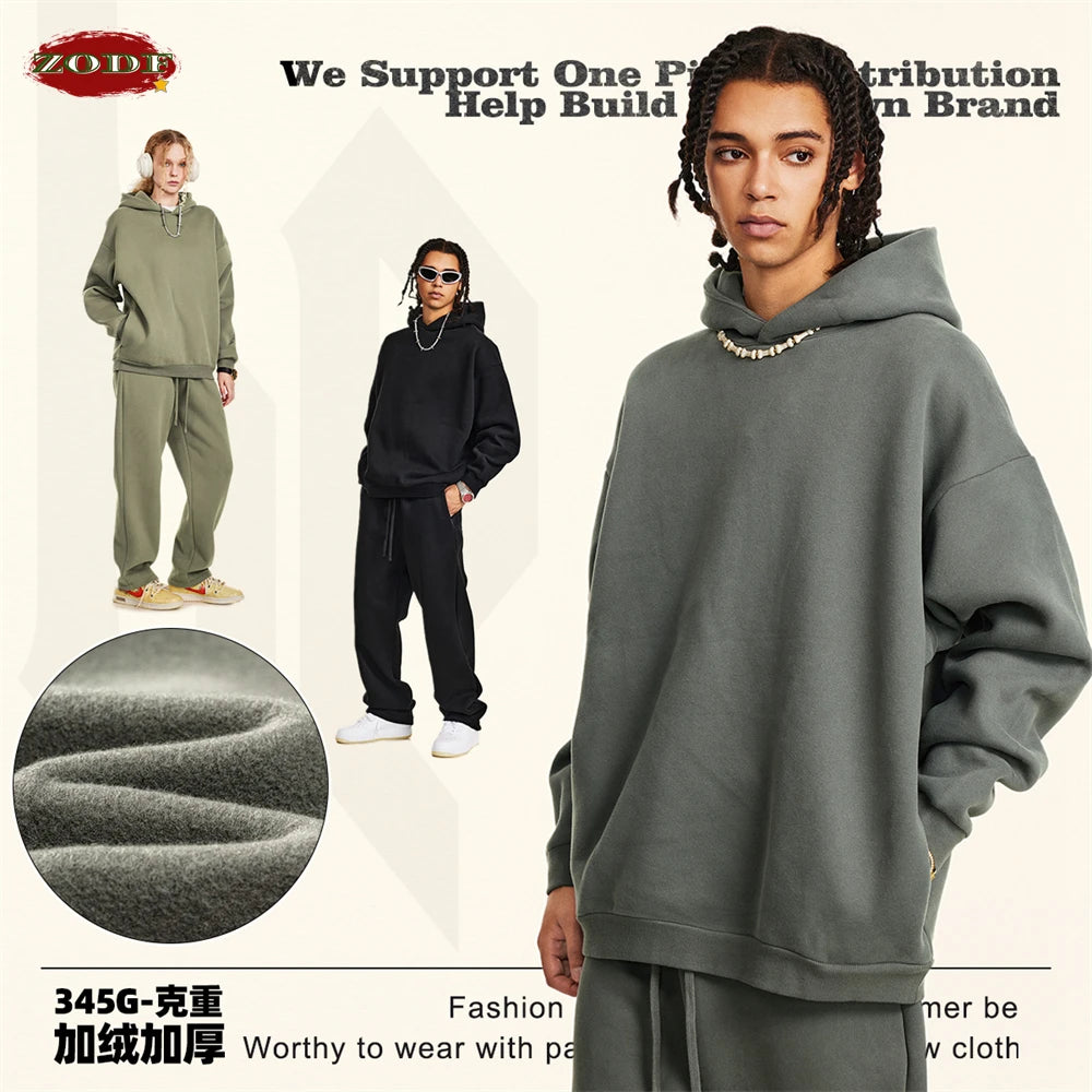 ZODF New Winter Men Solid Fleece Hoodies Unisex Women 345gsm Loose Warm Side Zipper Pocket Hooded Pullovers Brand Clothes HY0867