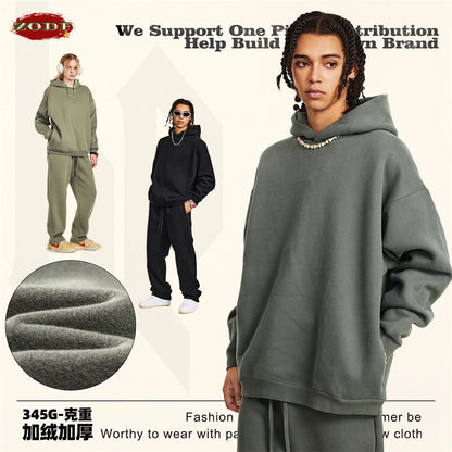 ZODF New Winter Men Solid Fleece Hoodies Unisex Women 345gsm Loose Warm Side Zipper Pocket Hooded Pullovers Brand Clothes HY0867