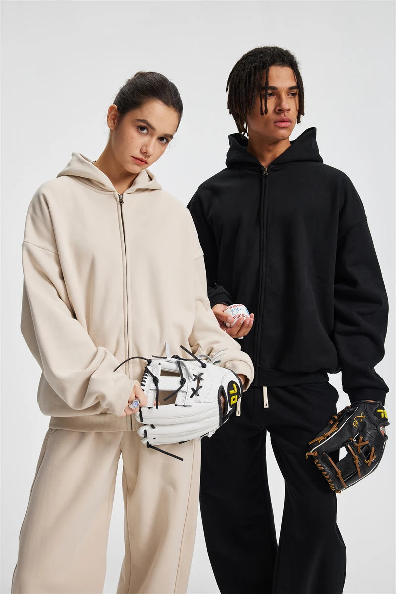 ZODF Trendy Winter Man Warm 430gsm Fleece Zipper Hoodies Unisex Solid Loose Zip-Up Hooded Coats Brand Outfit HY1130