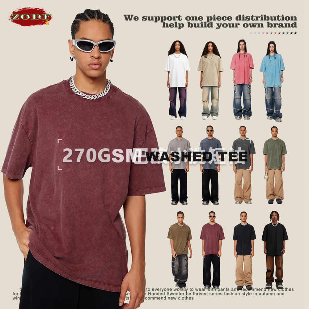 ZODF New Summer Men Washed Batik Cotton T Shirts Unisex American Retro High Street 270gsm Short Sleeve Tees Streetwear HY0489