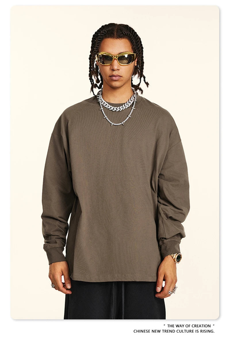 ZODF New 2024 Autumn 225gsm Loose Solid T-Shirt For Men Retro Unisex Antibacterial Full Sleeve T Shirts Brand Tops HY0871