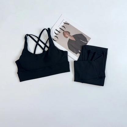 2 Pieces Yoga Set Women Gym Set Workout Clothes Sports Suits High Waist Leggings Cross Straps Fitness Bra Top Running Tracksuit